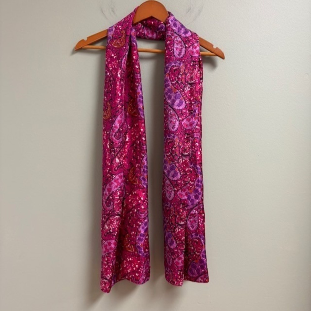 Ann Taylor Silk Scarf 100% Silk Pink Purple Paisley Floral Long Rectangle Artsy